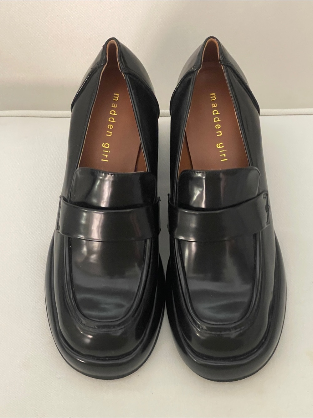 NEW Steve Madden Delphine Black Patent Slip-On Platform Block Heel Loafers- 8.5